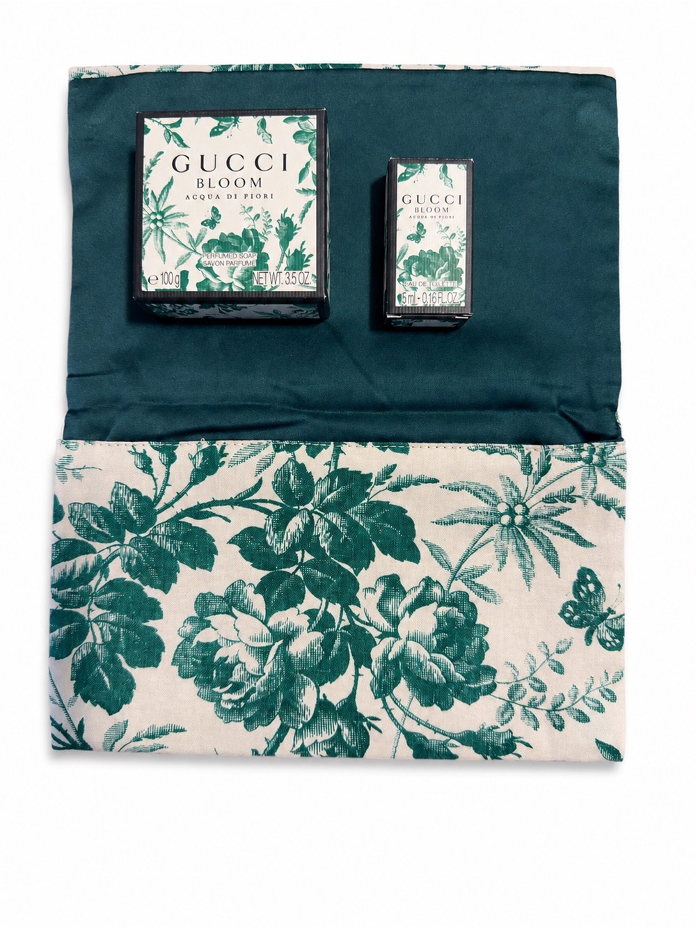 Gucci Bloom Acqua Di Fiori Cream & Green Floral Pouch with Bar Soap - Picture 2 of 2